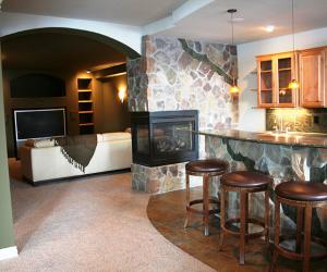 Basement Bar and Theater with Fireplace