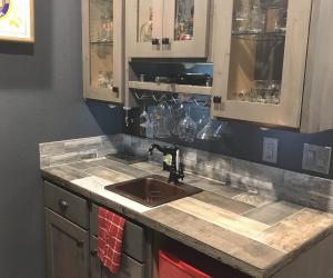 Basement bar with red coca-cola fridge