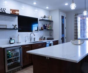 custom wet bar, white granite counter top, custom white tile backsplash, wine cellar, 2021