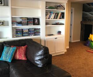 Media room shelf showing kids play area