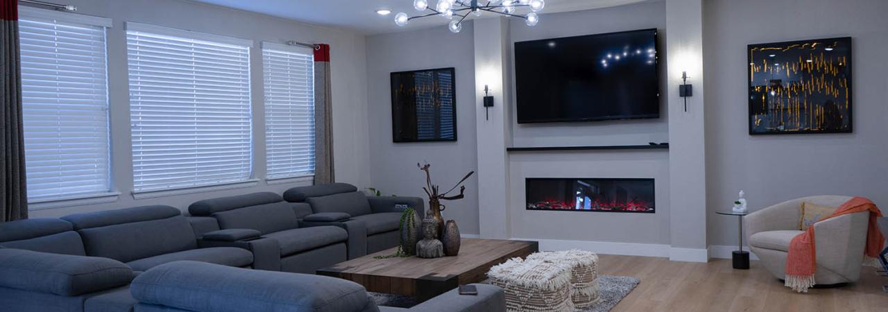 basement remodel with media room, custom gas fireplace, 2021