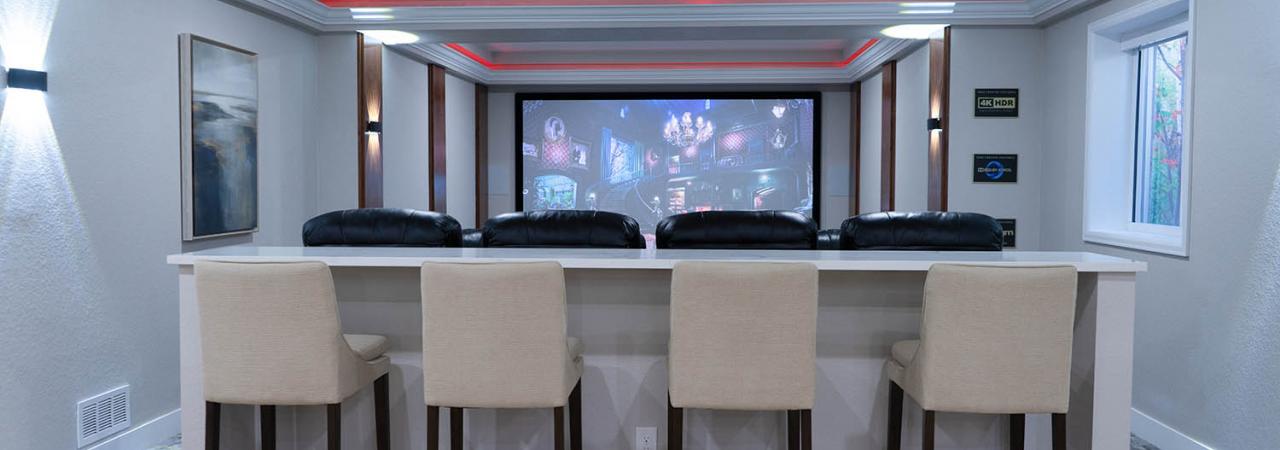 custom home theater with bar seating, 2021