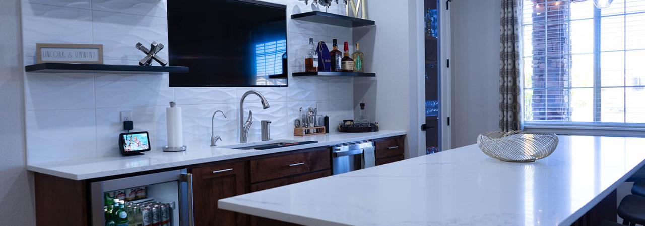 custom wet bar, white granite counter top, custom white tile backsplash, wine cellar, 2021