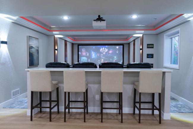 custom home theater with bar seating, 2021
