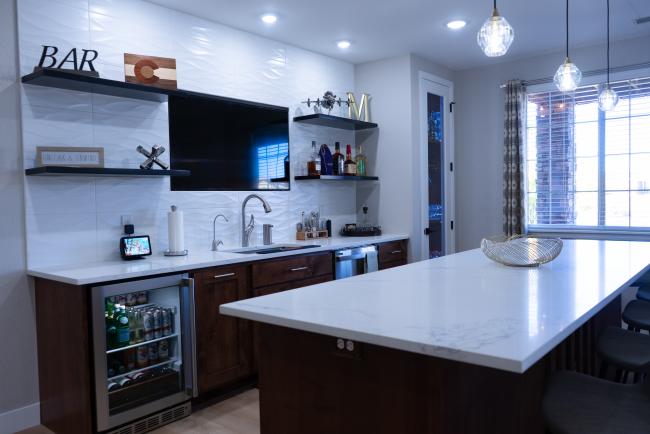 custom wet bar, white granite counter top, custom white tile backsplash, wine cellar, 2021