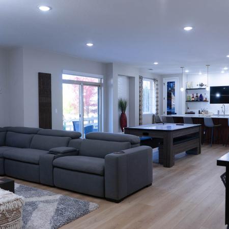 basement remodel with wet bar, wood flooring, walkout basement, 2021